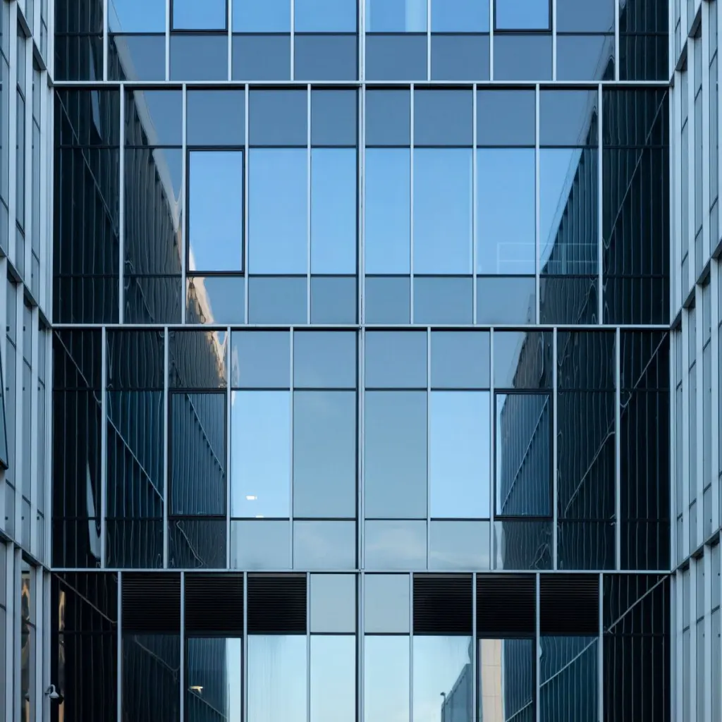 Facciata vetrata di un edificio per uffici vista dal basso